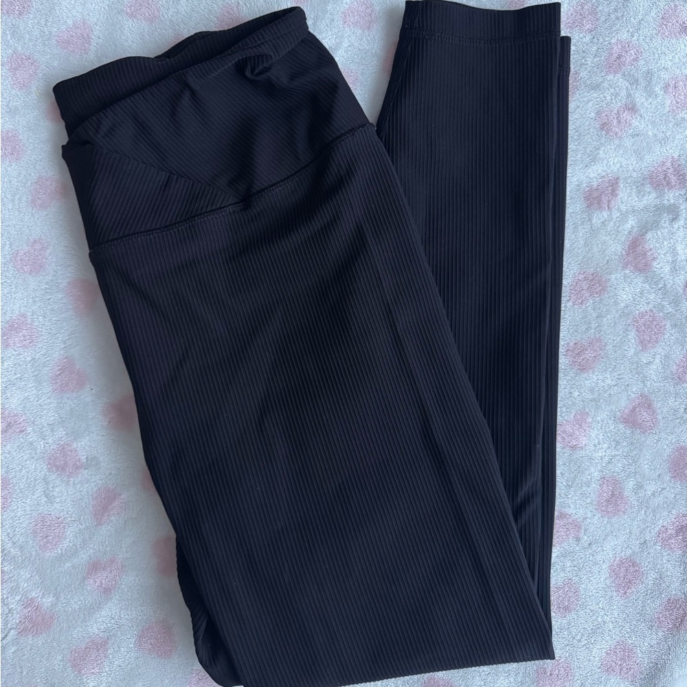 Black Ribbed Leggings - crossover front